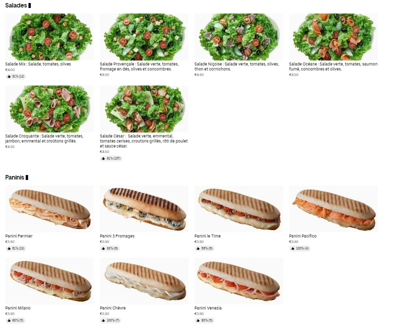 Menu Pizza Time Carte - Sandwichs et salades
